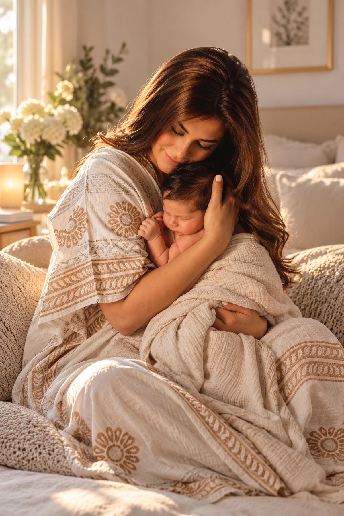 Yara holding her newborn son close in warm light